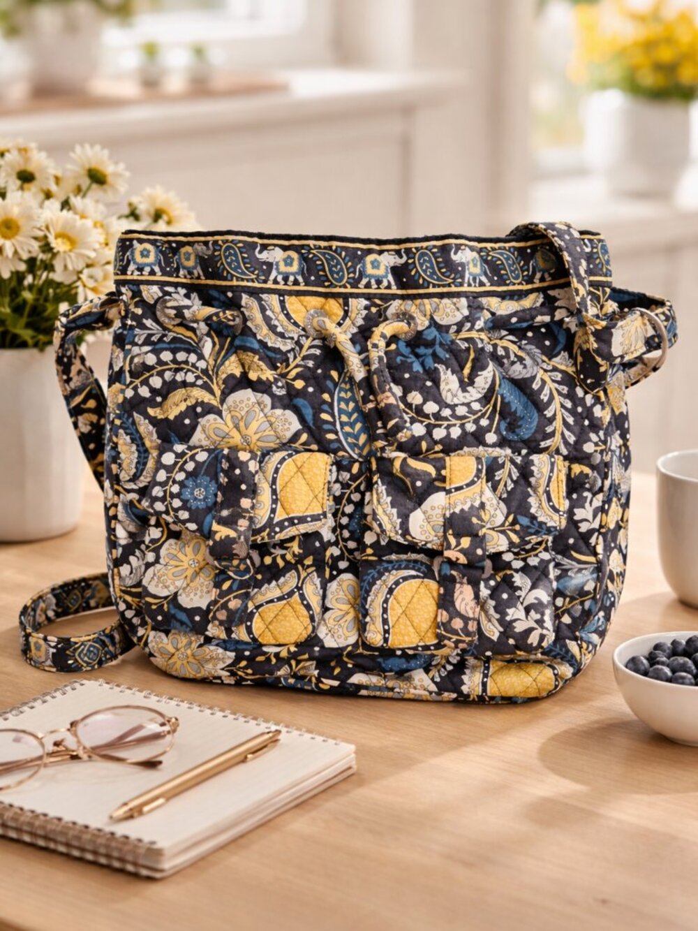 Vera Bradley Ellie Blue & Yellow Elephant Drawstring Crossbody Bag flap pockets